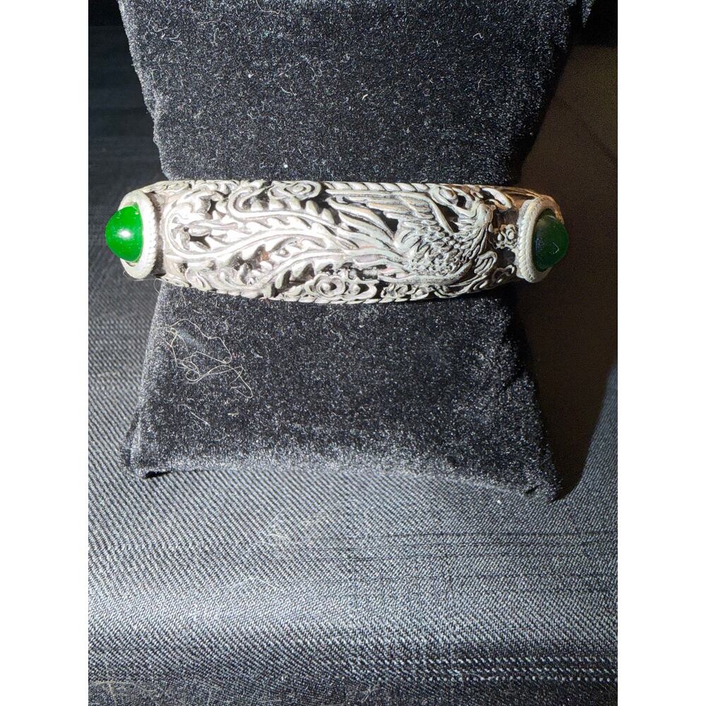 Authentic Chinese Fine Pure Silver (足银) Dragon Cuff 72 grams 4 jade stones 7.25”